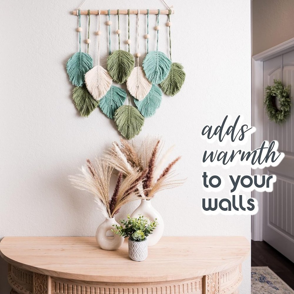 Macrame Boho Indie Farmhouse Teal/Blue/Green/Cream Feather Wood Bead Wall Decor - Picture 4 of 8